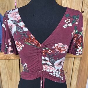 Red Ruched Tie Front Short Sleeve Blouse